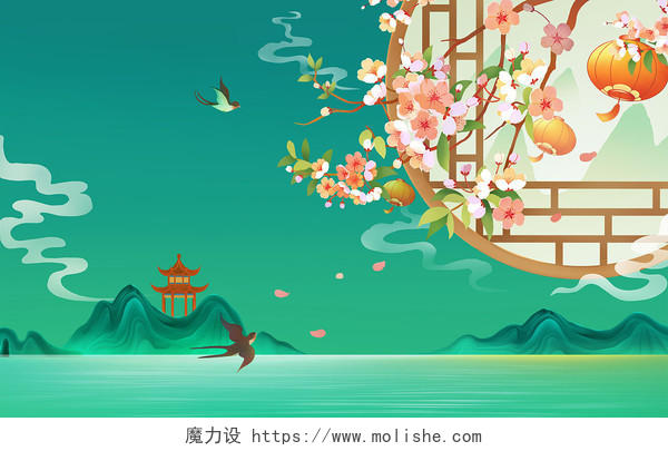 中国风节气立春山水古窗桃花枝插画海报背景